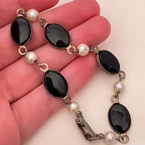 Vintage Real Stone Faux Pearl Art Deco Regency Winter Holiday Goth Bracelet